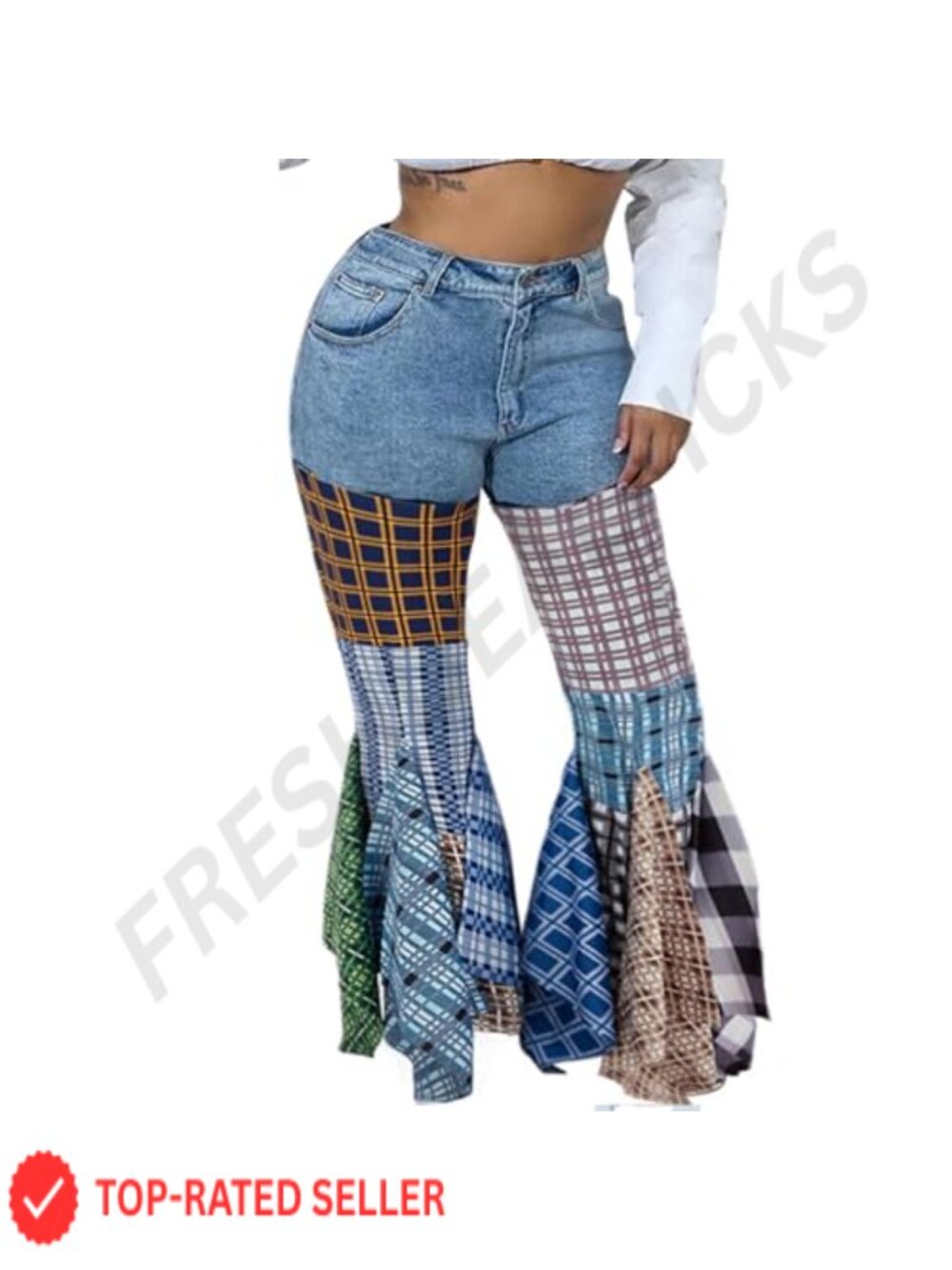 High Waist Checkered Patchwork Flare Jeans Plaid Bell Bottom Ruffle Stretch